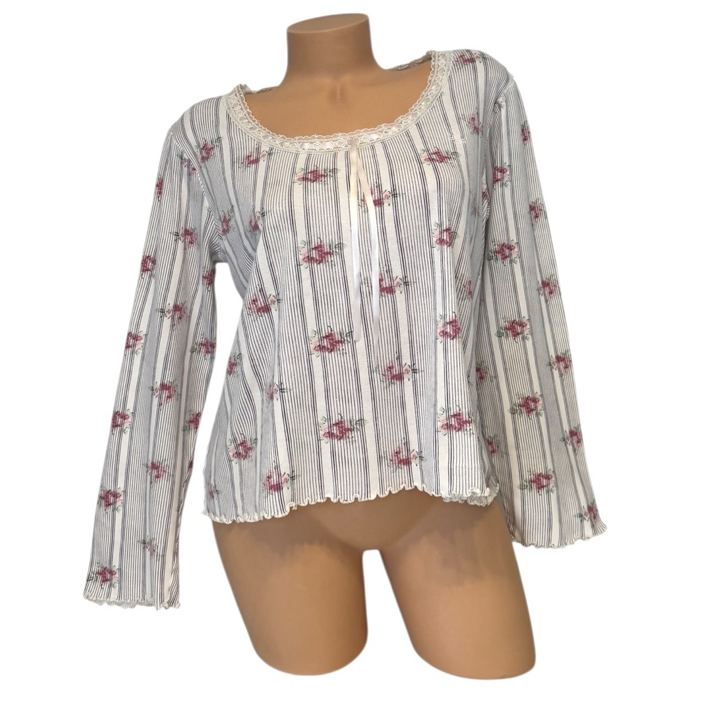 Lauren Ralph‎ Lauren Womens Medium Floral Striped Long Sleeve Top with Lace Trim